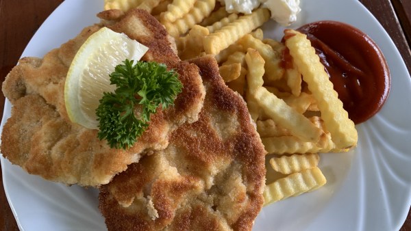 Zwei knusprige Schnitzel mit Pommes mit Majonäse und Ketchup. Das Schnitzel ist garniert mit einem Stück Zitrone und Petersilie.